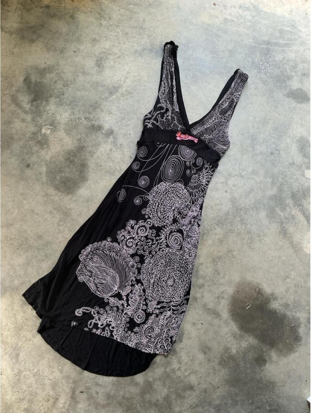Desigual Black & White Asymmetrical Midi Dress | Y2K Boho Art Print Dress